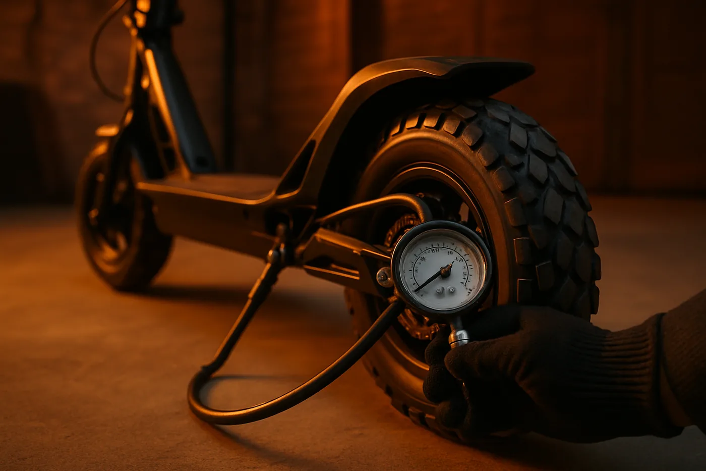 Sprawdzanie ciśnienia w tylnej oponie hulajnogi elektrycznej KuKirin pompką z manometrem