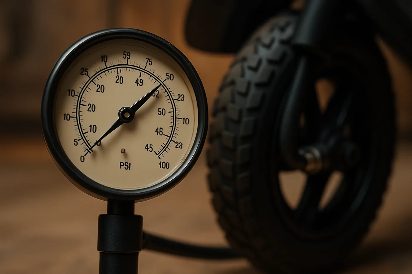 Manometr pompki ze skalą PSI podłączony do wentyla koła hulajnogi elektrycznej