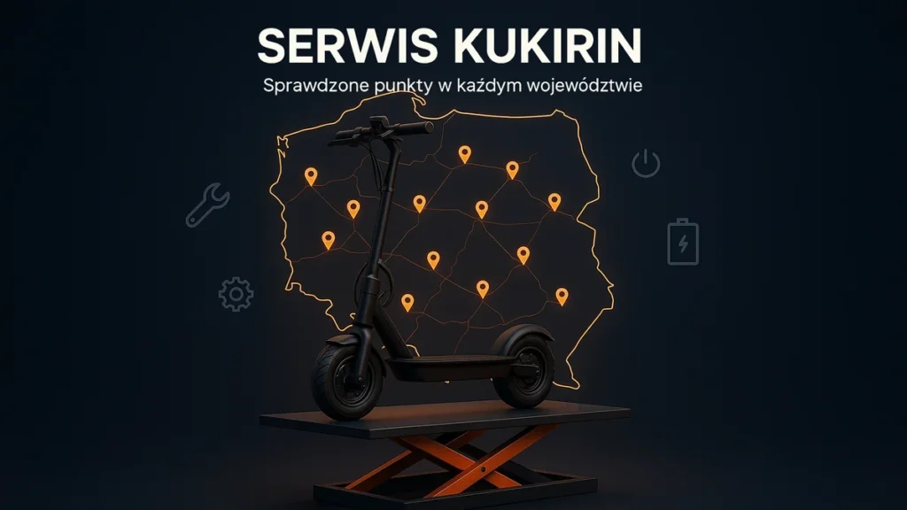 Czarna hulajnoga elektryczna KuKirin na podnośniku warsztatowym na tle podświetlonej mapy Polski z 16 pomarańczowymi pinami sprawdzonych punktów serwisowych — napis Serwis KuKirin, sprawdzone punkty w każdym województwie