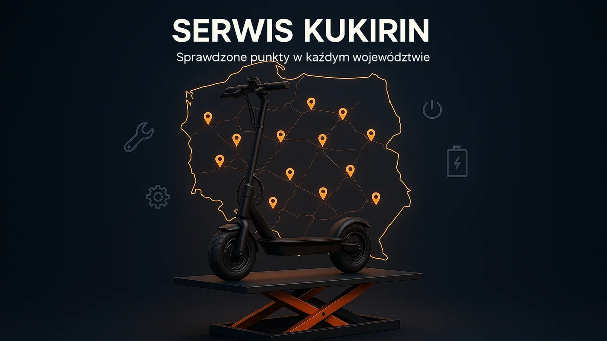Czarna hulajnoga elektryczna KuKirin na podnośniku warsztatowym na tle podświetlonej mapy Polski z 16 pomarańczowymi pinami sprawdzonych punktów serwisowych — napis Serwis KuKirin, sprawdzone punkty w każdym województwie