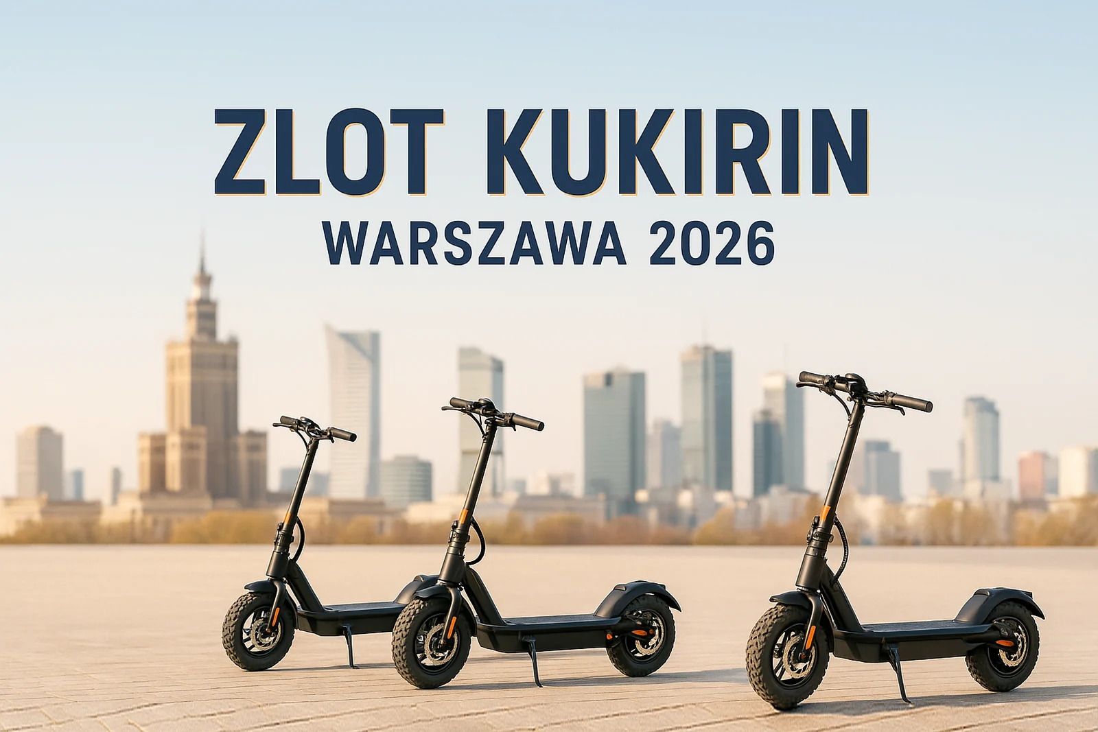 Zlot użytkowników hulajnóg KuKirin, Warszawa 2026 — trzy hulajnogi elektryczne na placu w słoneczny dzień, w tle Pałac Kultury i Nauki oraz wieżowce Woli