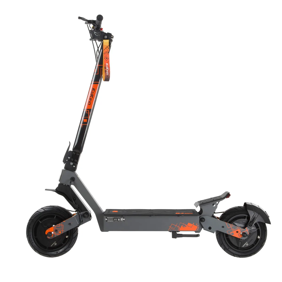 KuKirin G4 Ultra z boku: dwa silniki 2 × 1000 W w kołach 11 cali, zawieszenie na wahaczach przód i tył, bateria 60 V 20 Ah w podeście, maks. 70 km/h